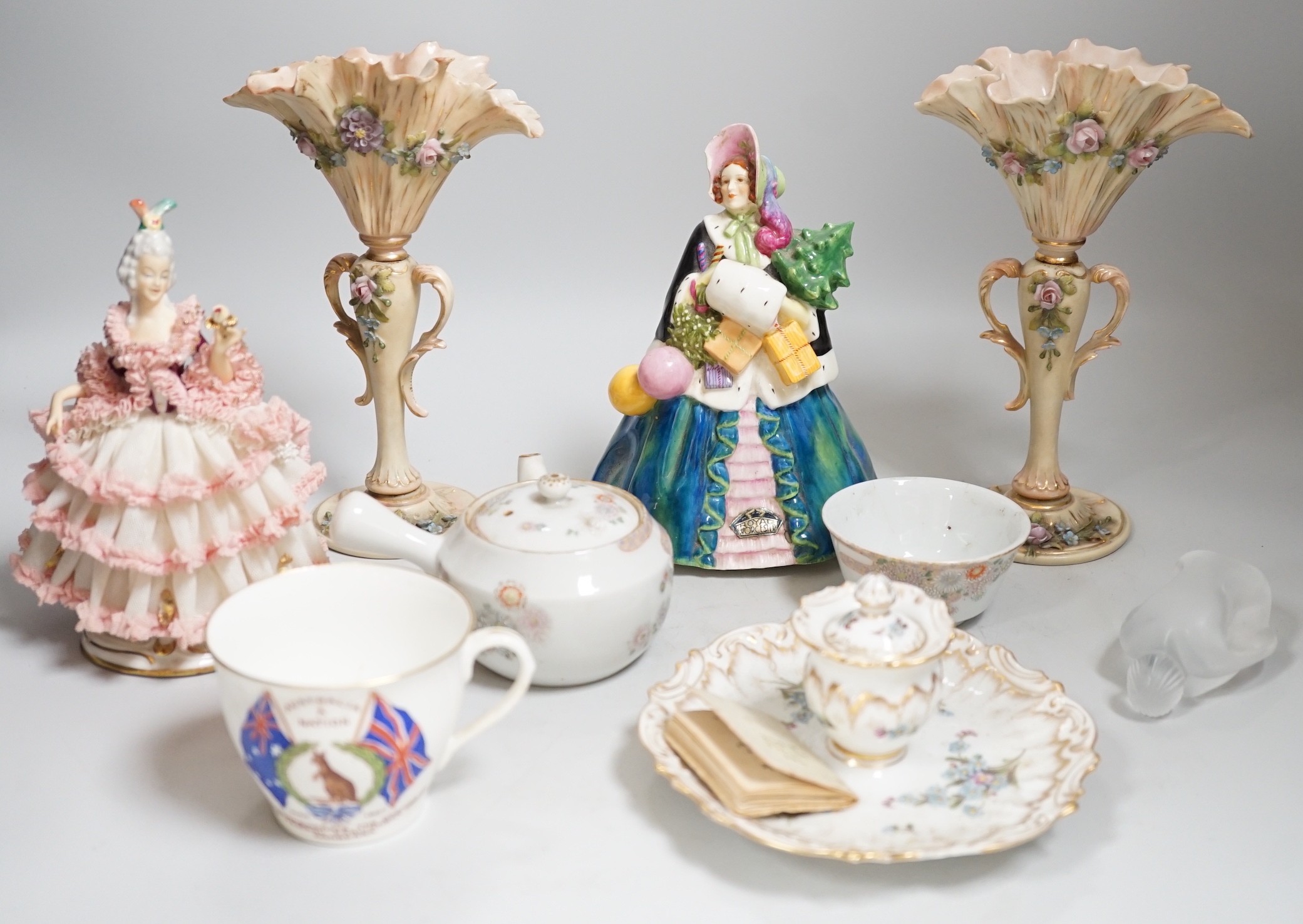 Continental porcelain figures, a Lalique figure of a crouched figure, etc.